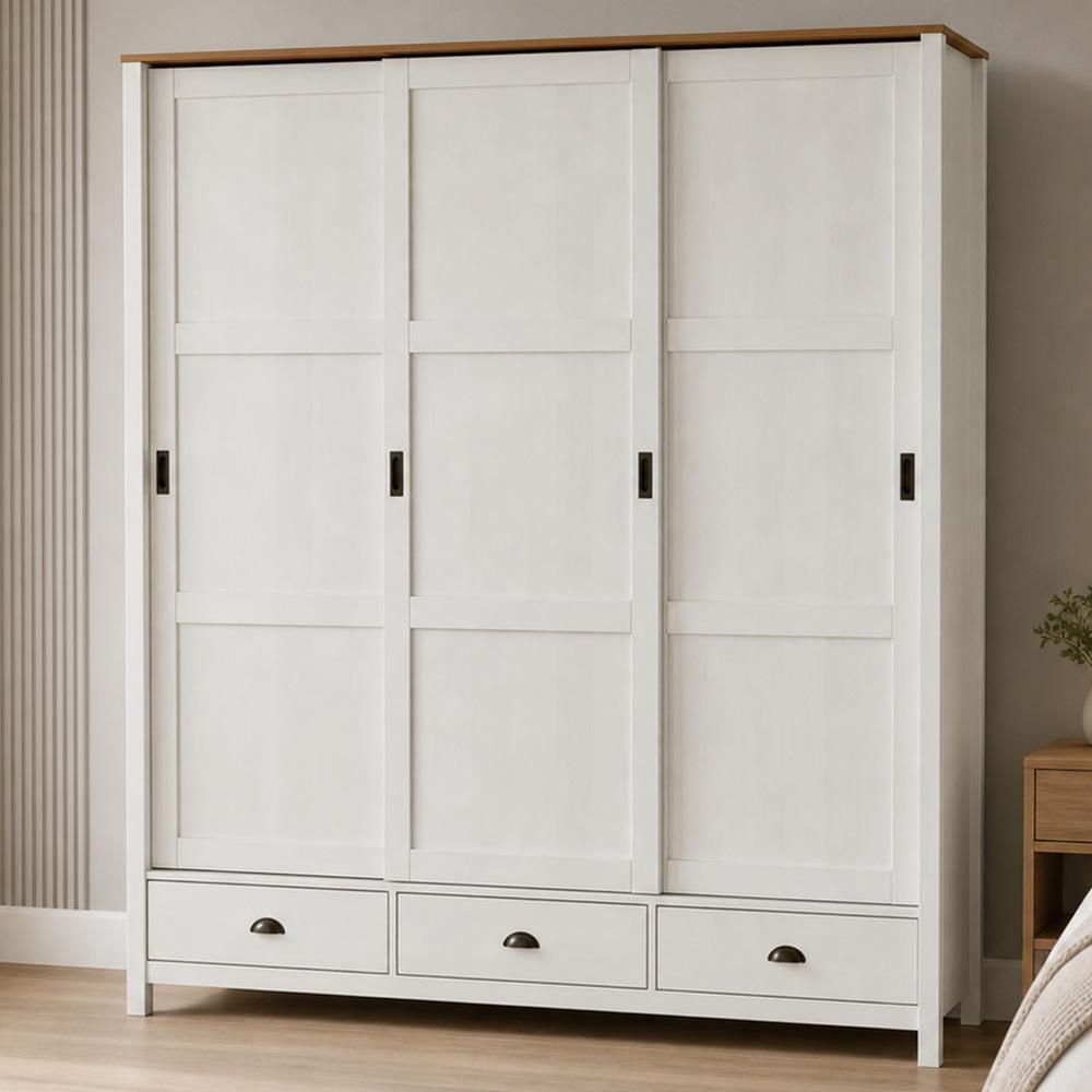 Guarda Roupa Casal Mazzaro F06 3 Portas de Correr 3 Gavetas Madeira Maciça Branco Freijó Lyam Decor
