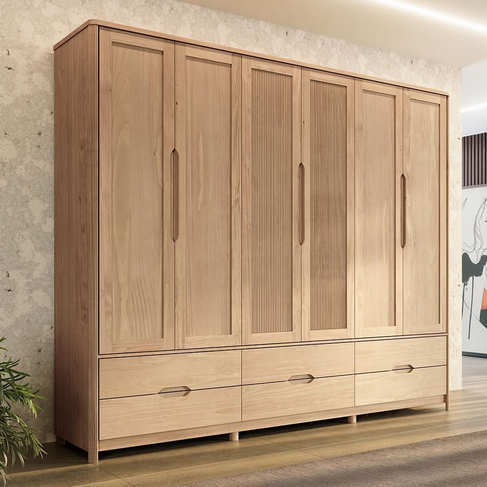 Guarda Roupa Casal Benton F06 6 Portas de Bater 6 Gavetas Madeira Maciça Corrediças Telescópicas Tauari Lyam Decor