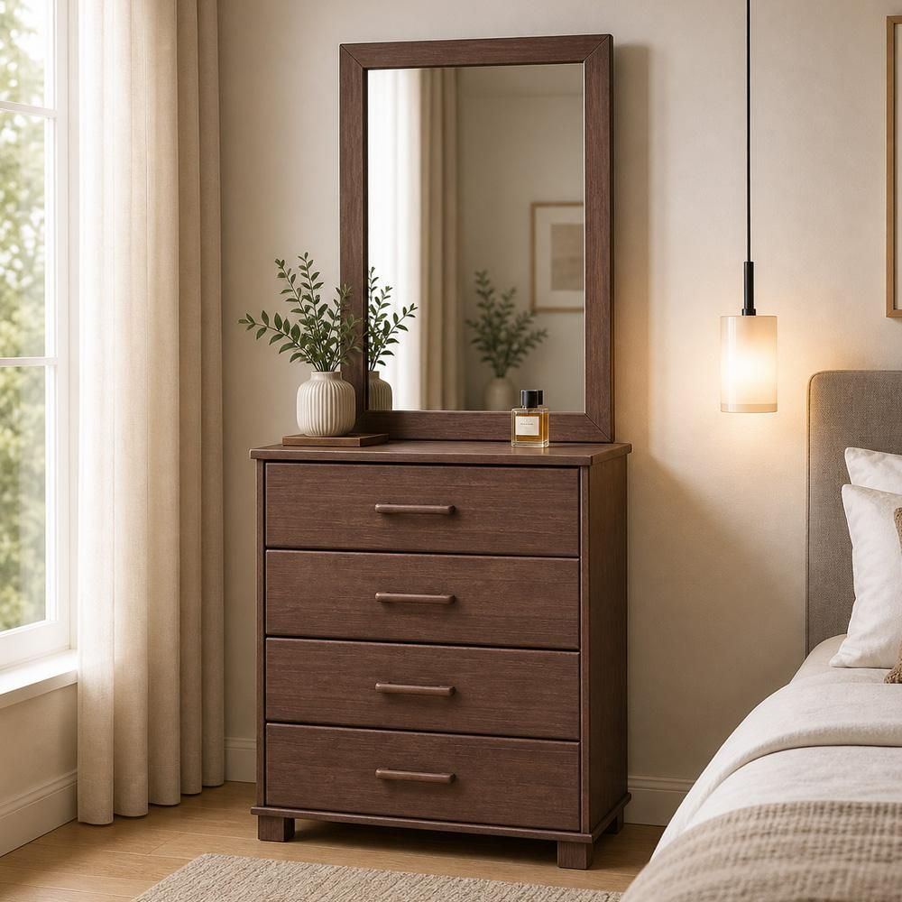 Cômoda Zahav F06 4 Gavetas Madeira Maciça Puxador Metálico Café com Espelho Decorativo Lyam Decor
