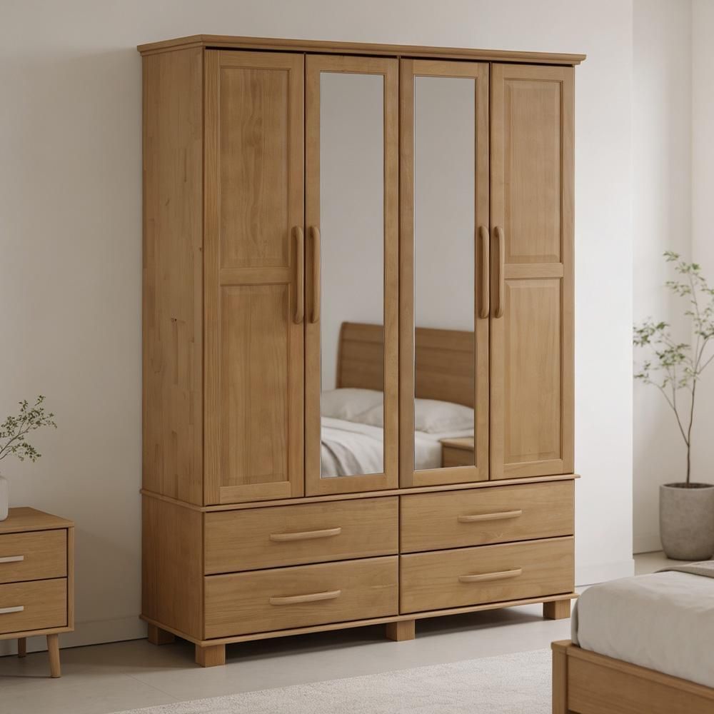 Guarda Roupa Solteiro Zahav F06 4 Portas de Bater 4 Gavetas Madeira Maciça com Espelho Freijó Lyam Decor