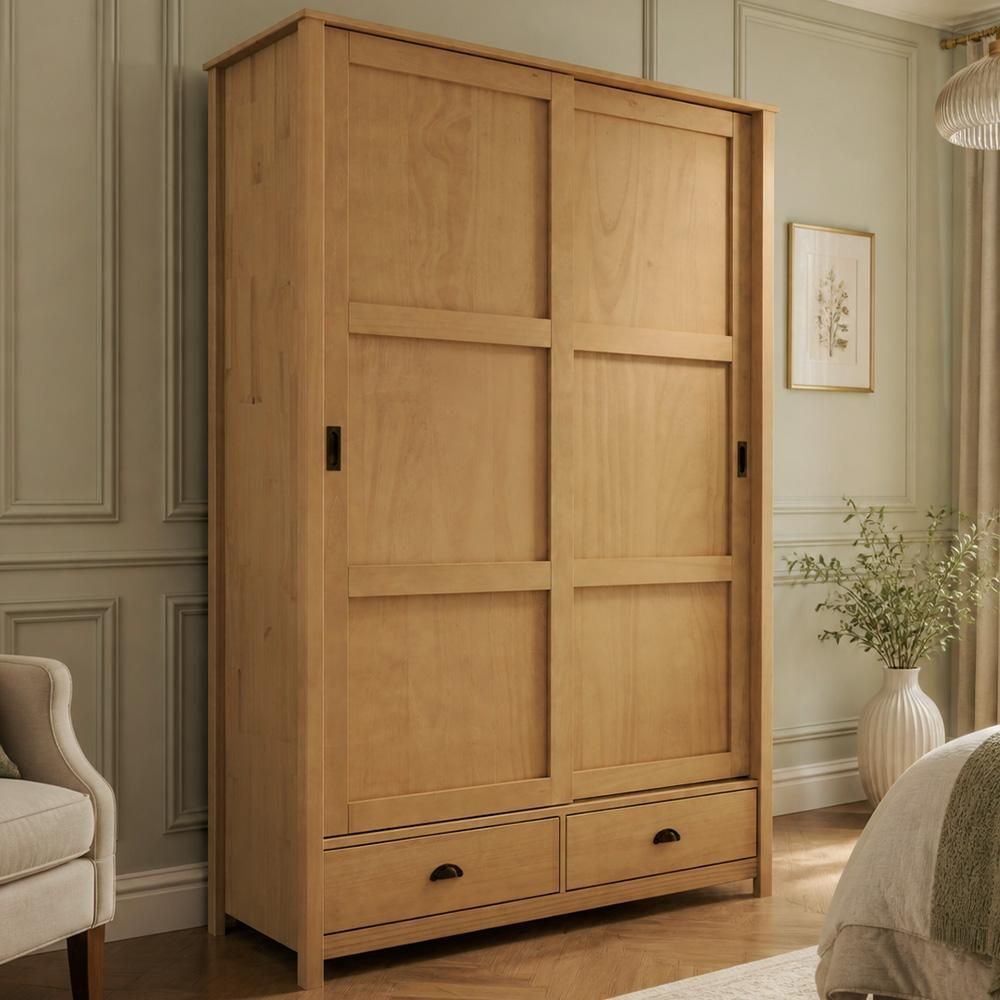 Guarda Roupa Solteiro Mazzaro F06 2 Portas de Correr 2 Gavetas Madeira Maciça Corrediças Telescópicas Freijó Lyam Decor
