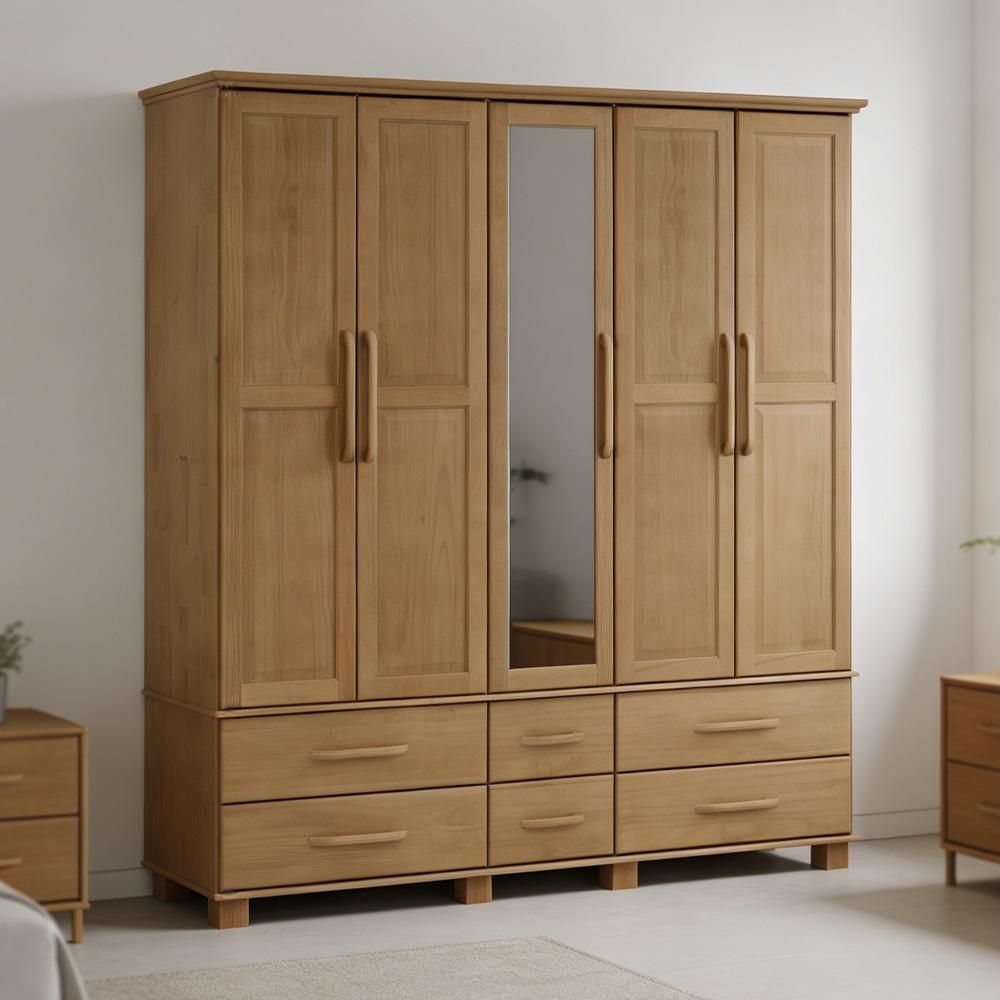 Guarda Roupa Casal Zahav F06 5 Portas de Bater 6 Gavetas Madeira Maciça com Espelho Freijó Lyam Decor