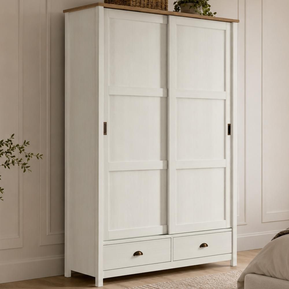 Guarda Roupa Solteiro Mazzaro F06 2 Portas de Correr 2 Gavetas Madeira Maciça Corrediças Telescópicas Branco Freijó Lyam