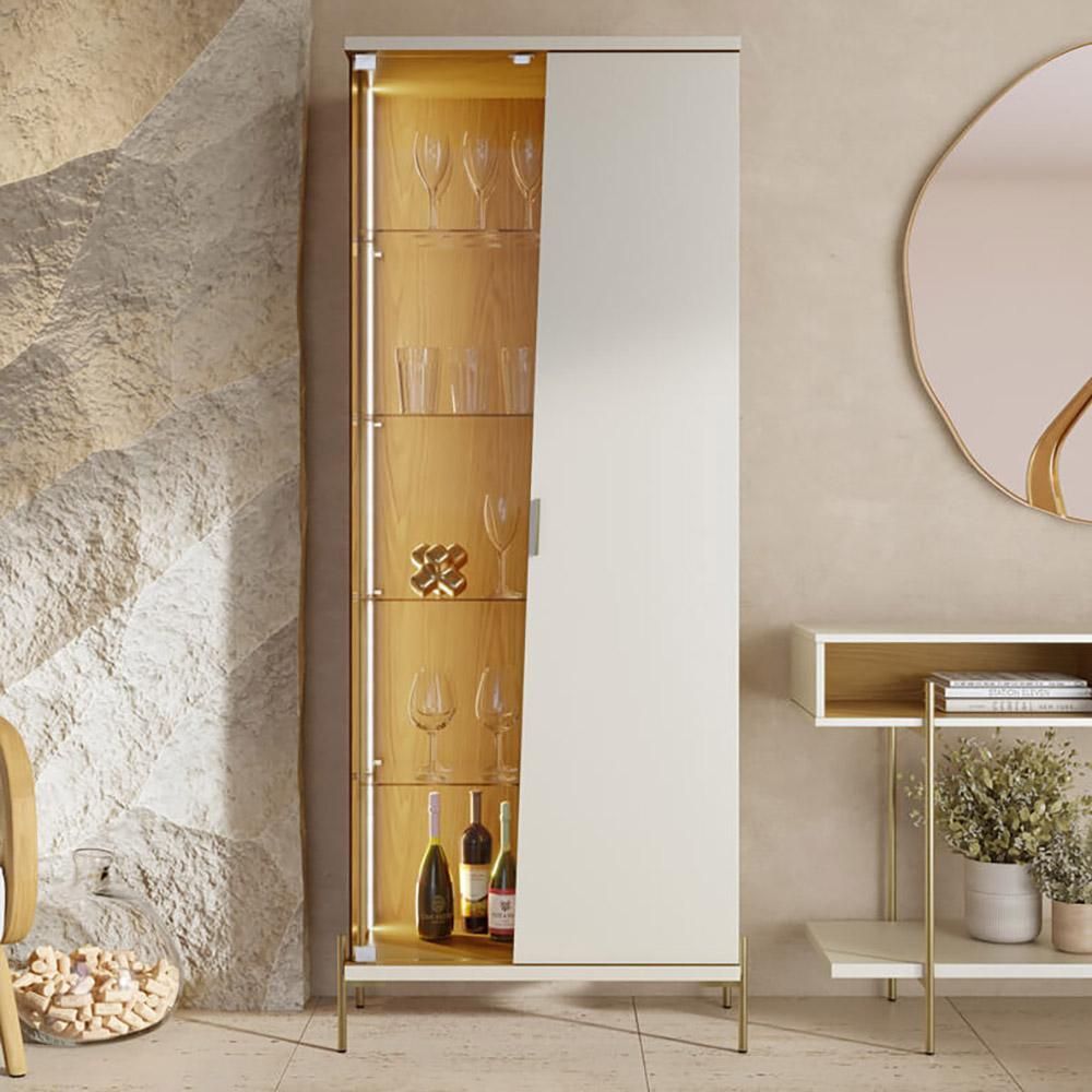 Cristaleira Mosele 2 Portas 4 Prateleiras MDP com Iluminação LED Off White Dourado Lyam Decor