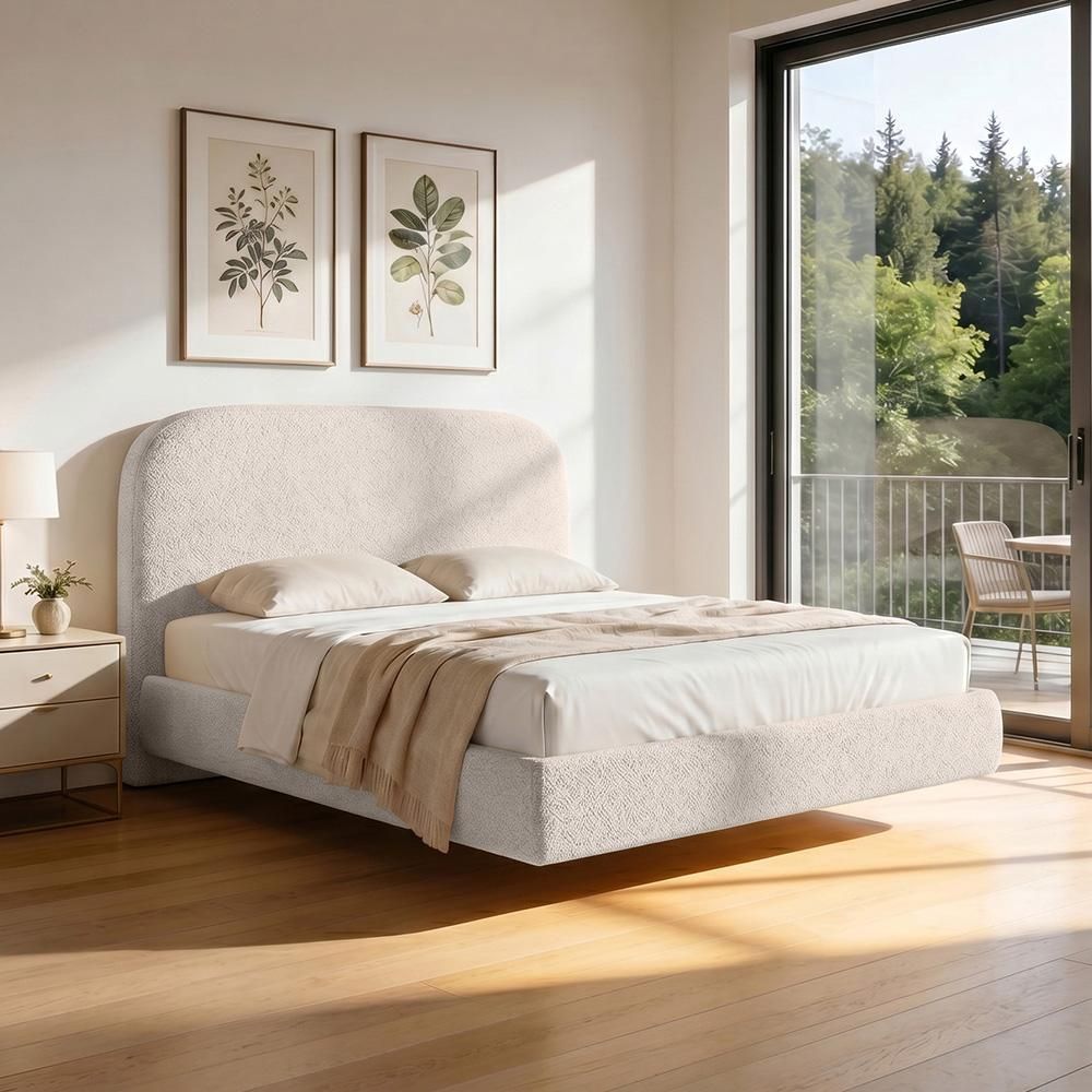 Cama Queen Flutuante Aura W01 com Cabeceira Orgânica MDF-MDP Creme Lyam Decor