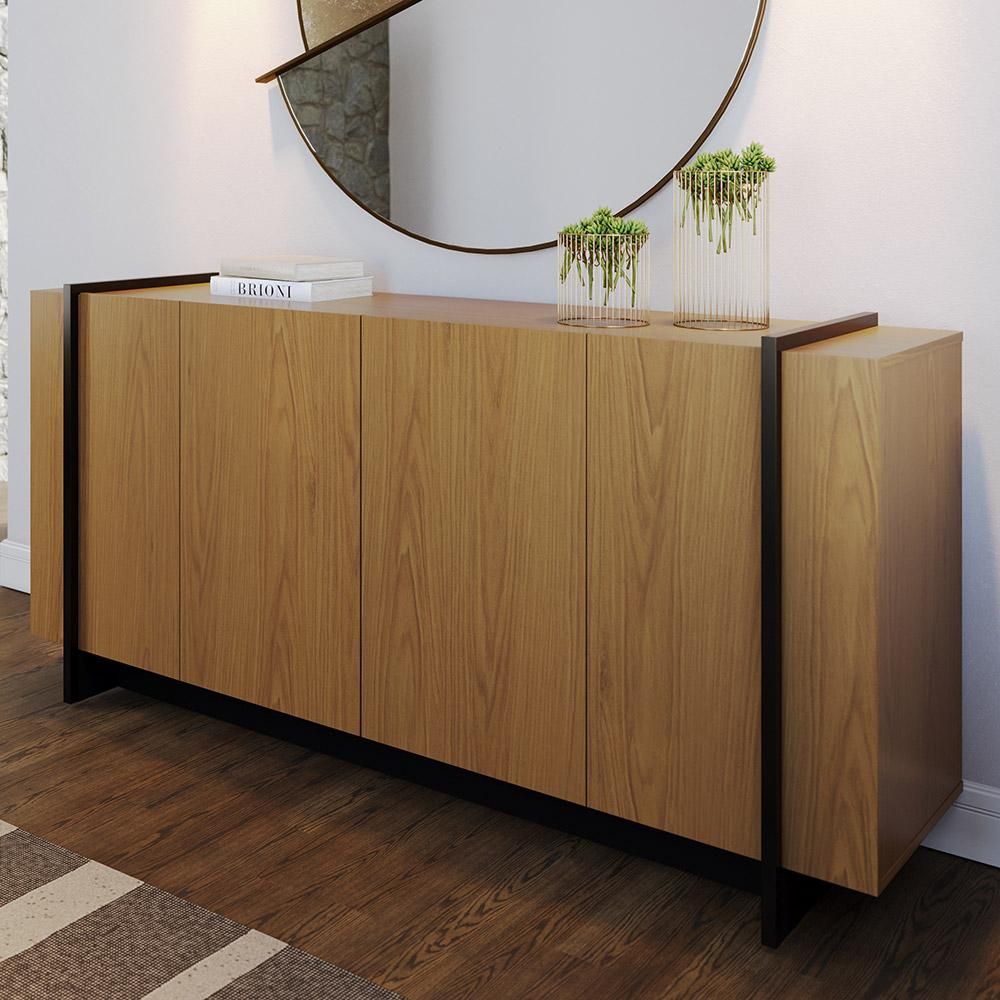 Aparador Buffet Puerto 4 Portas 2 Prateleiras MDP com Tubos Metálicos Freijó Preto Fosco Lyam Decor 160CM