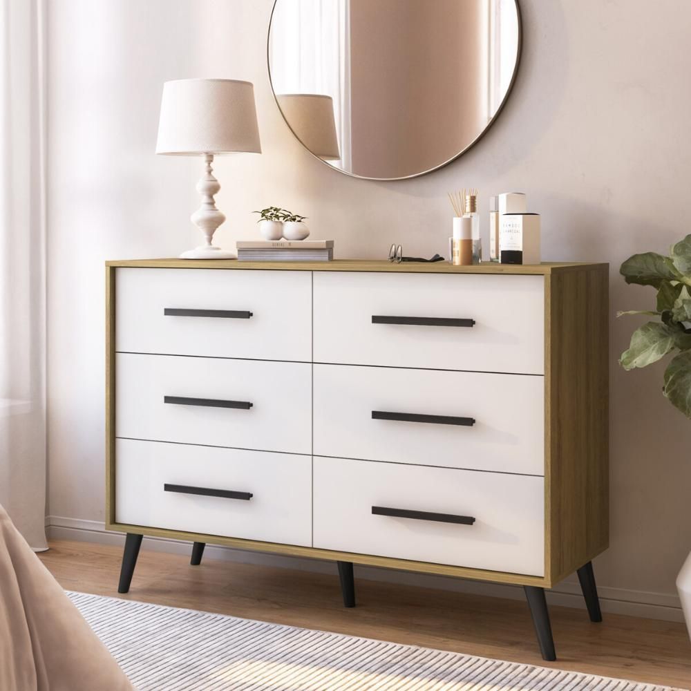Cômoda Retrô CR45363 6 Gavetas MDP Puxador Plástico Mel e Branco Multimóveis 120CM