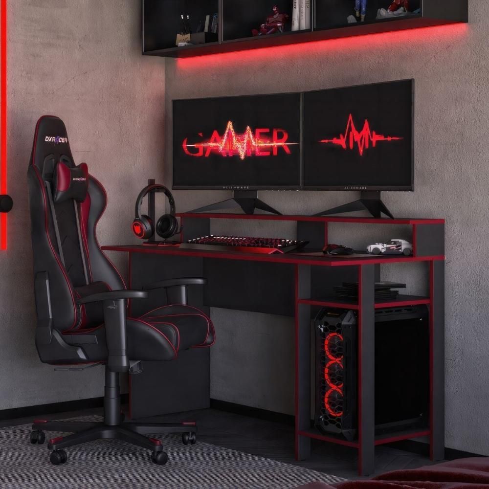 Mesa Gamer Retangular CR25357 Moderno sem Gavetas MDP 136CM Grafite e Vermelho Multimóveis