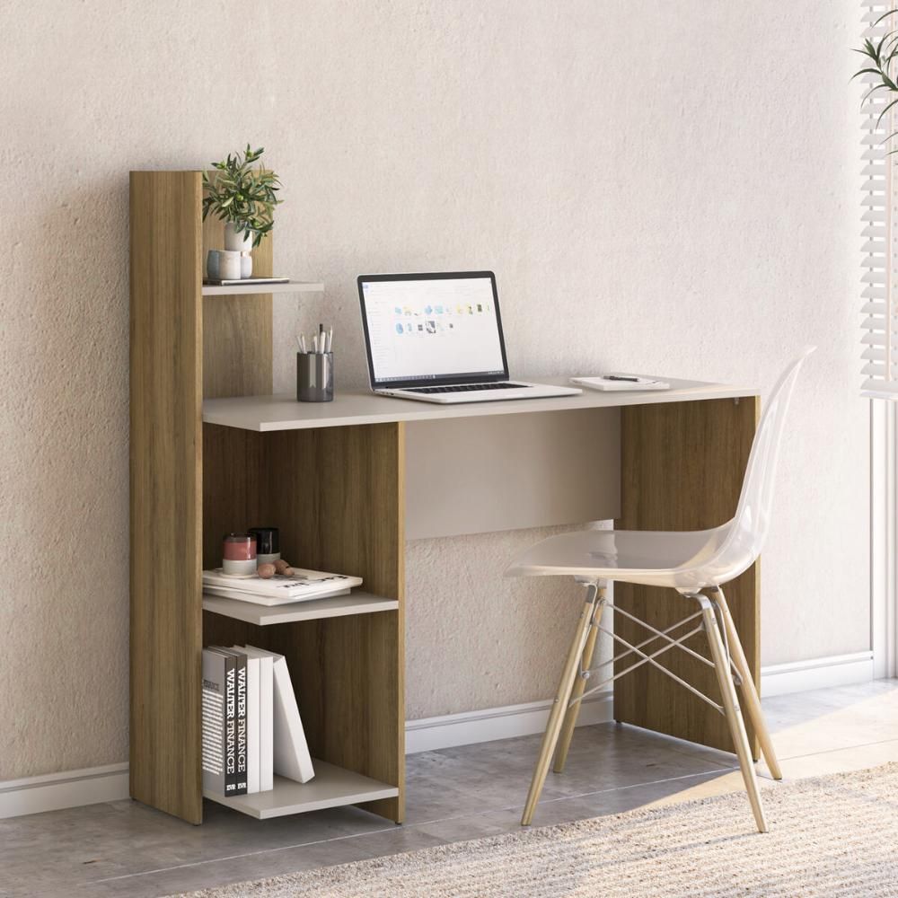 Conjunto de Escritório com Escrivaninha e Estante CR25358 Moderno 4 Prateleiras MDP 121,5CM Mel-Arenas Multimóveis