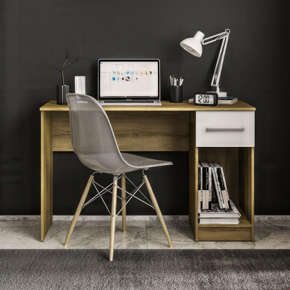 Escrivaninha Retangular CR25356 Moderno 1 Gaveta MDP 120CM Mel e Branco Multimóveis