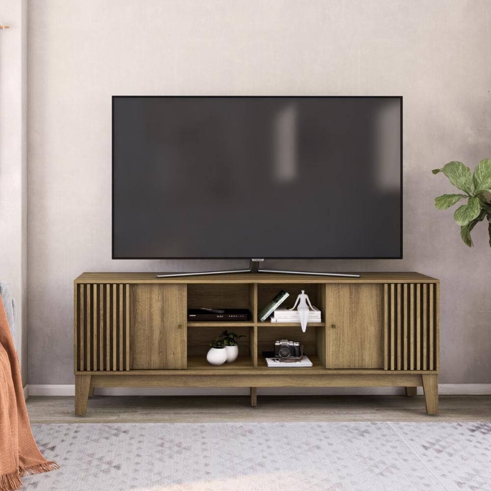 Rack para TV Até 72 Polegadas 180CM MDP com 2 Portas de Correr e 4 Nichos Mel Multimóveis