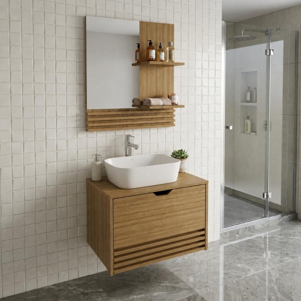 Armários Modulares de Banheiro CR10167 1 Porta 2 Prateleiras MDP TAMANHO 60CM Amêndoa com Espelheira Multimóveis