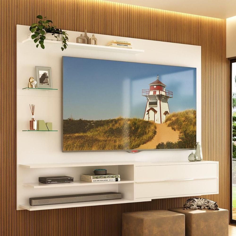 Painel de TV MP1073 para TV Até 65 Polegadas 180CM MDP com Porta Basculante e Prateleiras Branco Multimóveis