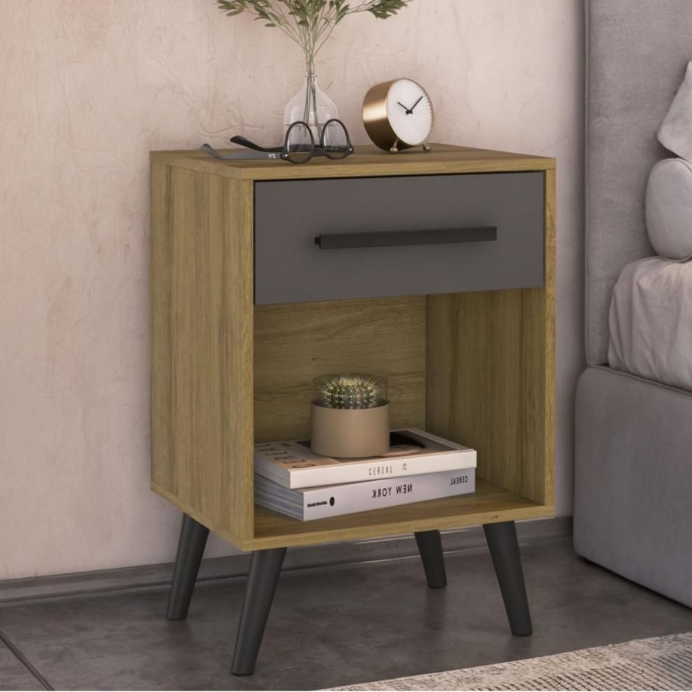 Mesa de Cabeceira CR35503 1 Gaveta MDP Retrô Mel e Grafite Multimóveis 44.8CM