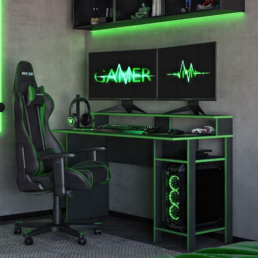 Conjunto de Escritório Mesa Gamer CR25357 Moderno sem Gavetas MDP 136CM Grafite e Verde Multimóveis