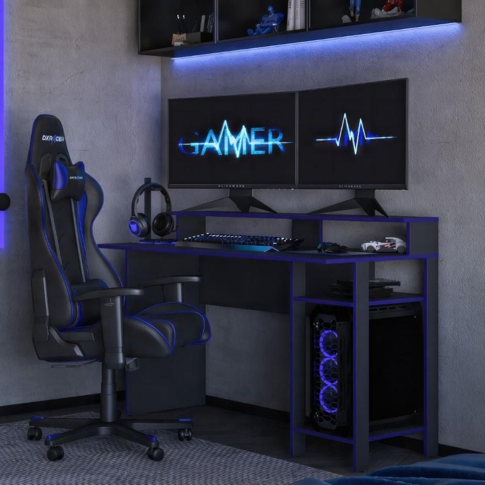 Mesa Gamer Retangular CR25357 Moderno sem Gavetas MDP 136CM Grafite-Azul Multimóveis