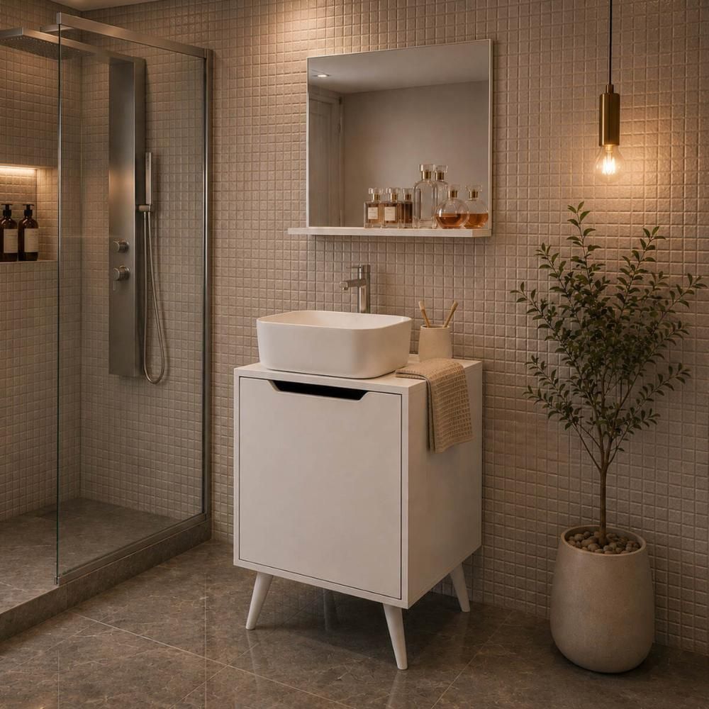 Armários Modulares de Banheiro CR10169 1 Porta 1 Prateleira MDP TAMANHO 45CM Branco com Espelheira Multimóveis