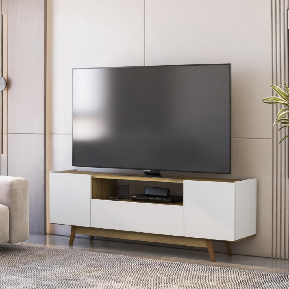 Rack para TV Até 72" 182CM MDP com 3 Portas e Nicho Retrô Mel-branco Multimóveis