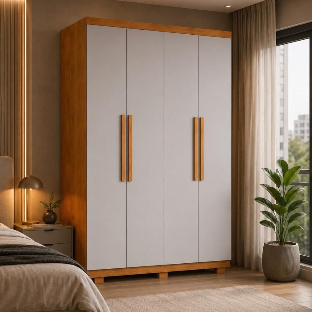 Guarda Roupa Solteiro CR35505 4 Portas de Bater 2 Gavetas MDF com Pés Laqueado Madeirado-Off White Multimóveis