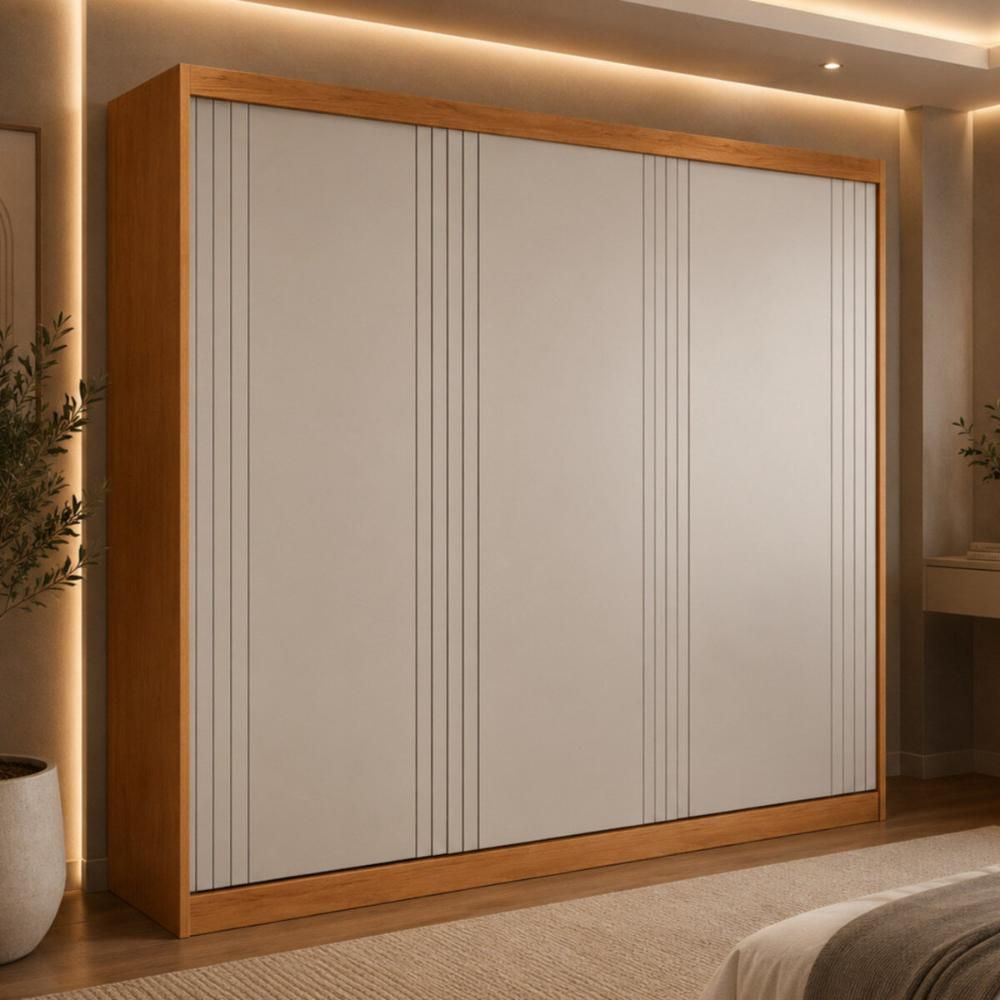 Guarda Roupa Casal CR35529 3 Portas de Correr 100% MDF Laqueado Madeirado-Off White Multimóveis