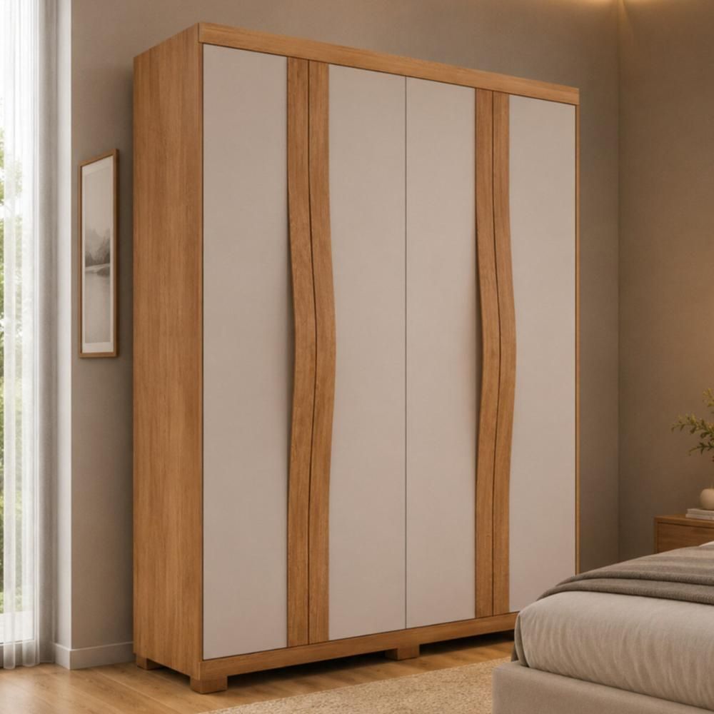 Guarda Roupa Solteiro CR35521 4 Portas de Bater 2 Gavetas MDF Laqueado com Pés Madeirado-Off White Multimóveis