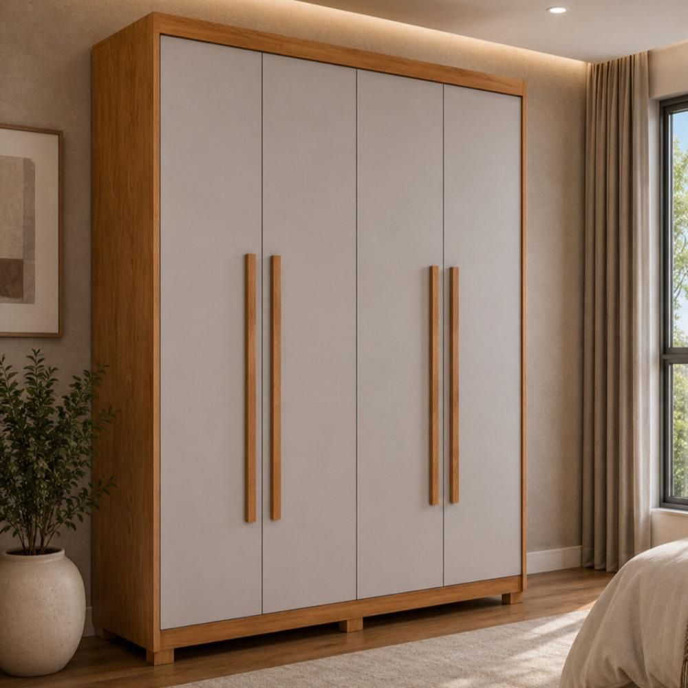 Guarda Roupa Solteiro CR35519 4 Portas de Bater 2 Gavetas MDF Laqueado com Pés Madeirado-off White Multimóveis