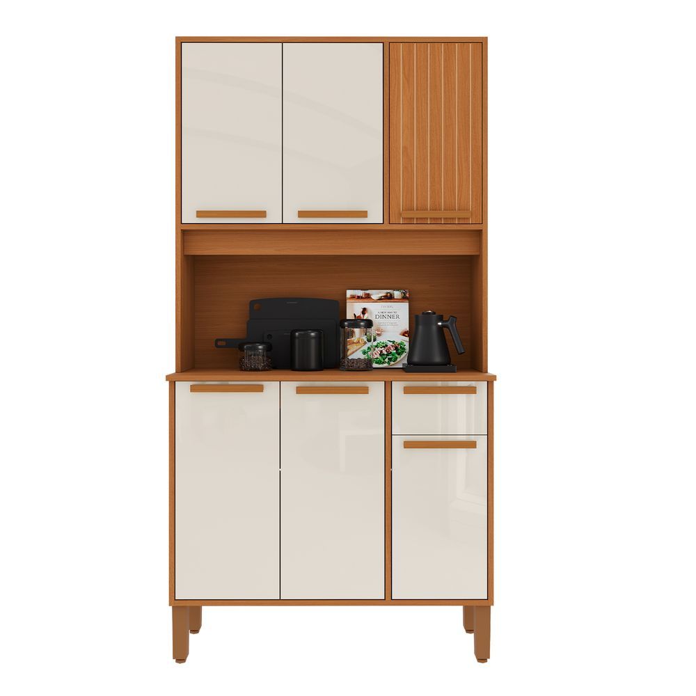 Armário de Cozinha Lagos 6 Portas 1 Gaveta MDP 90,6CM Freijó - Off White Indékes
