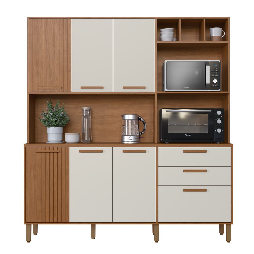 Kit Cozinha Grecia 7 Portas 2 Gavetas MDP 180CM Off White com Freijo Indékes