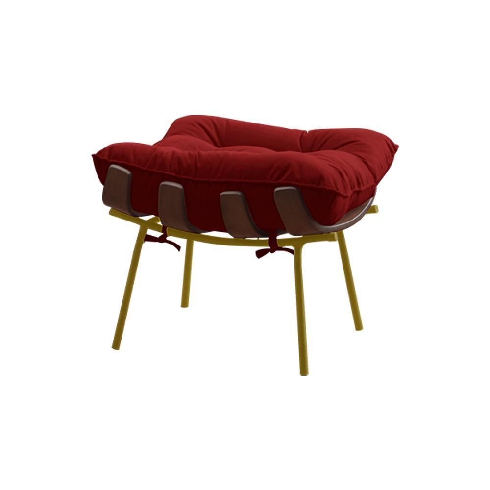 Puff Decorativo Abel Redondo Base Madeira Maciça Revestimento Veludo Vermelho Gran Belo