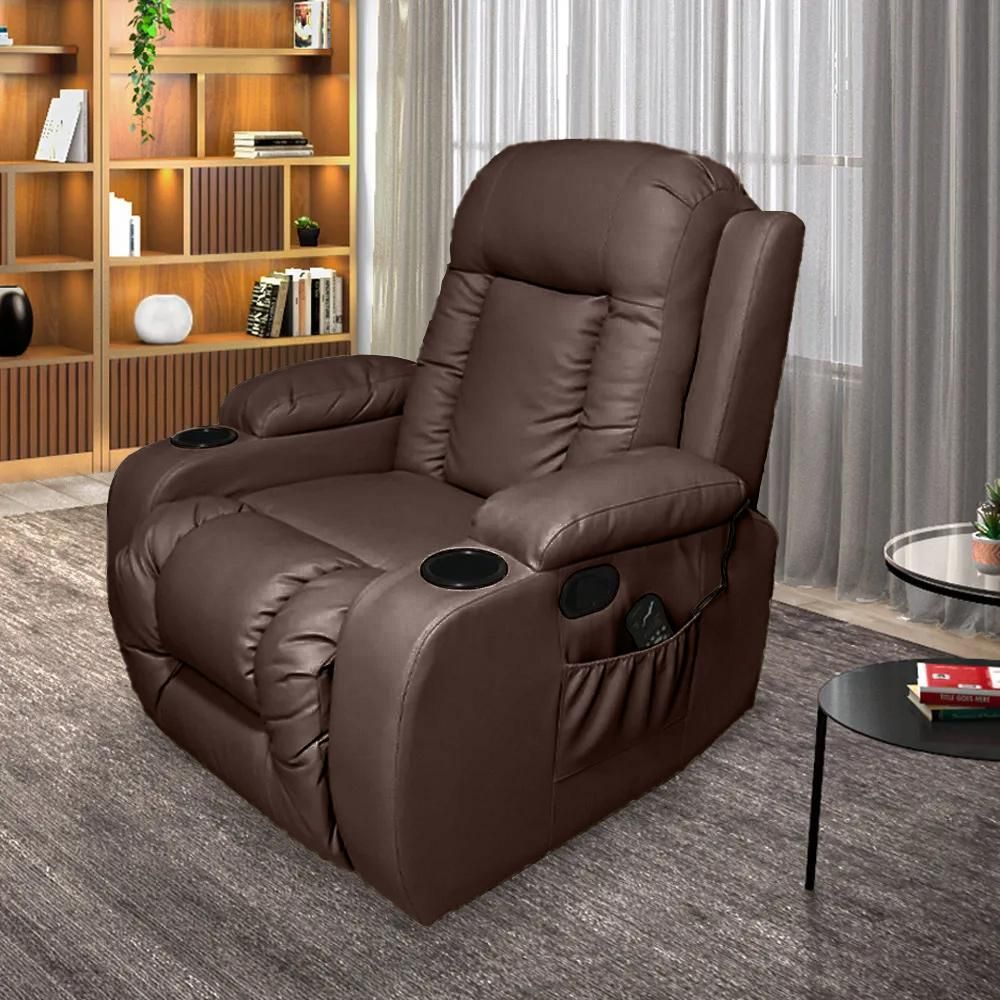 Poltrona Reclinável Austin com Massagem e Aquecimento Couro Sintético Confortável Marrom Chocolate Gran Belo