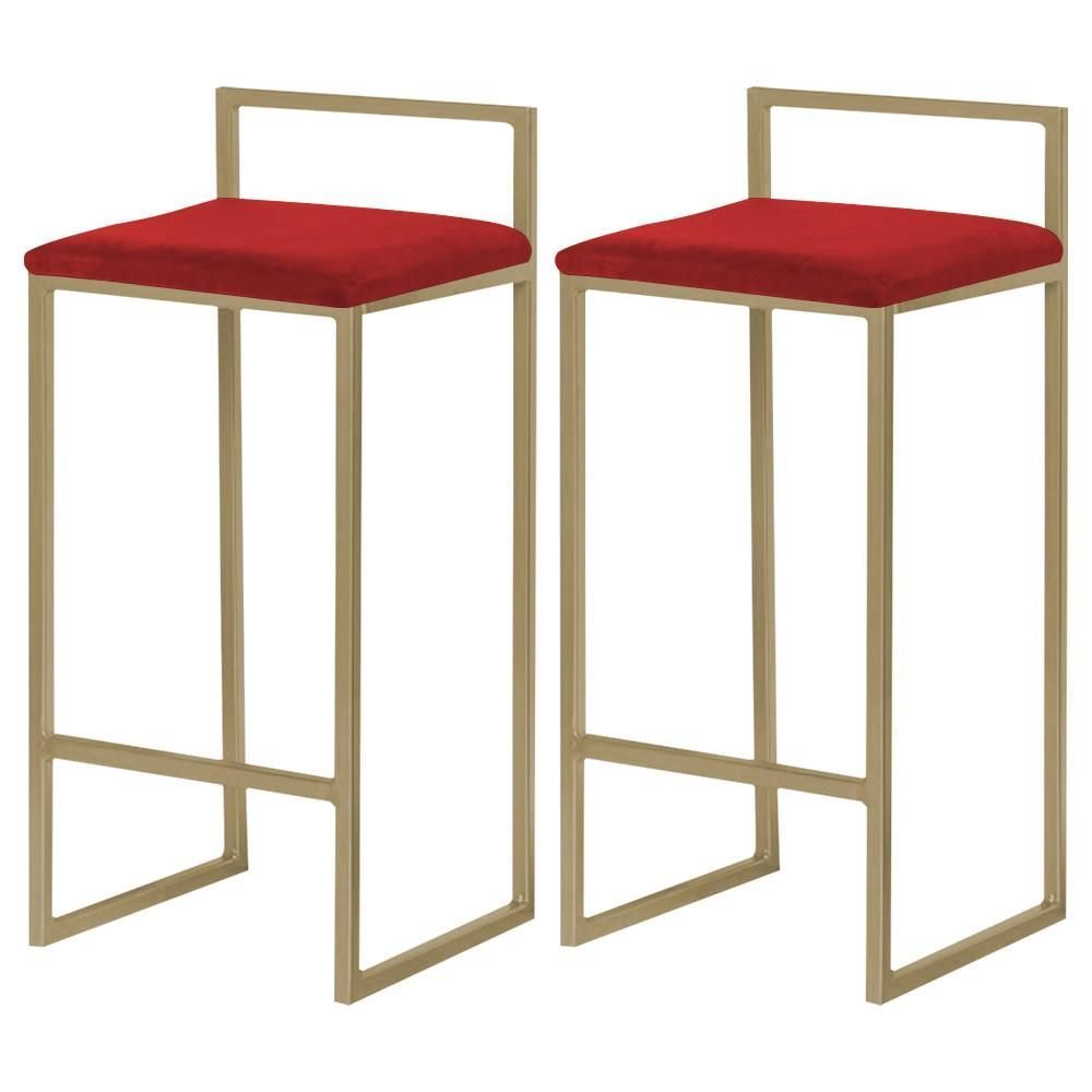 Kit 2 Banquetas Decorativas Selena Assento em Veludo Base Gold sem Encosto Fixa Vermelho Gran Belo