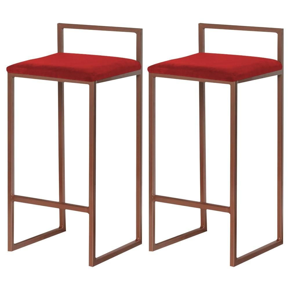 Banqueta Decorativa Selena Revestimento em Veludo Base em Ferro com Encosto Fixo Vermelho Gran Belo