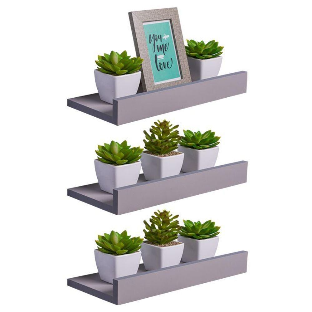 Prateleira Kit 3 Porta Quadros 40X15CM MDP Fixação Suporte Invisível Organizador Moderno Sala Cinza Claro Mercado