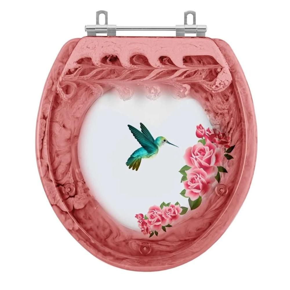 Assento Sanitário Oval Resina Plástica Convencional Rosa Quartzo Decorado Beija Flor Pontto Lavabo 40CM