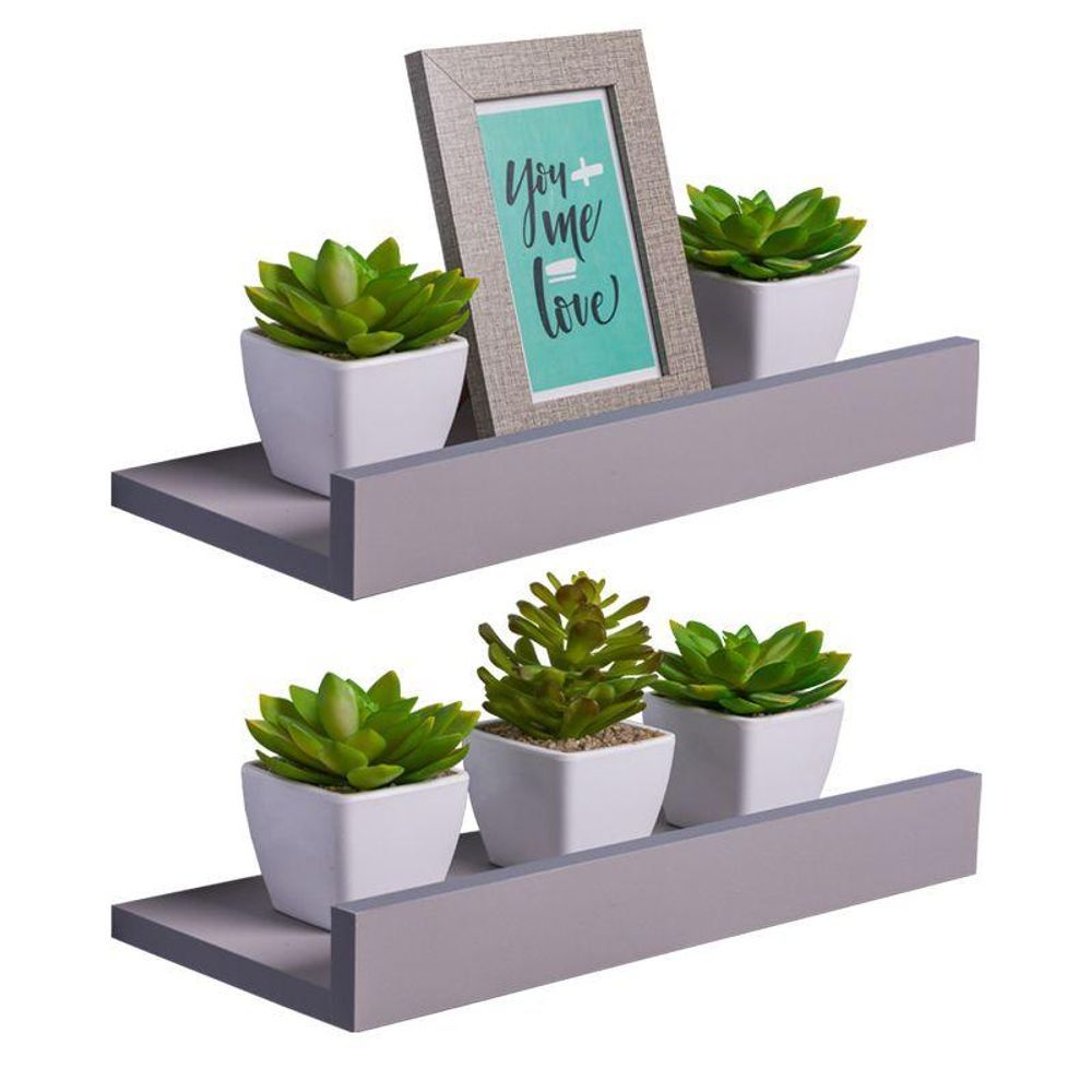 Prateleira Kit 2 Porta Quadros 40X10CM MDP Fixação Suporte Invisível Organizador Sala Cinza Claro Mercado
