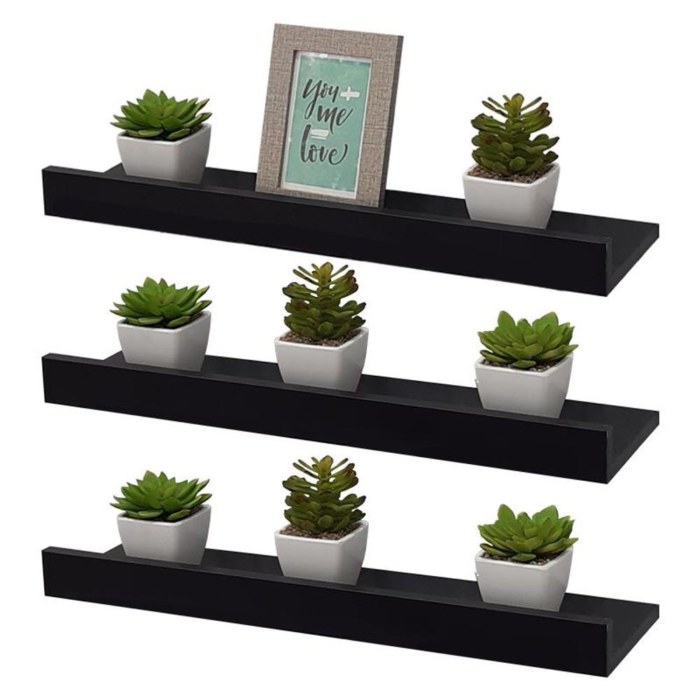 Prateleira Kit 3 Porta Quadros 60X15CM MDP Fixação Suporte Invisível Organizador Moderno Sala Preto Mercado