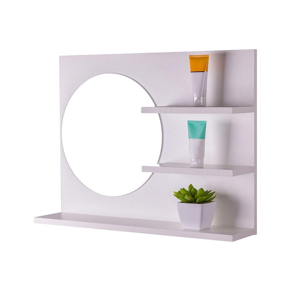 Armário para Banheiro Genova sem Porta 3 Prateleiras MDP com Espelho Redondo 60CM Branco Mercado das Prateleiras 60CM