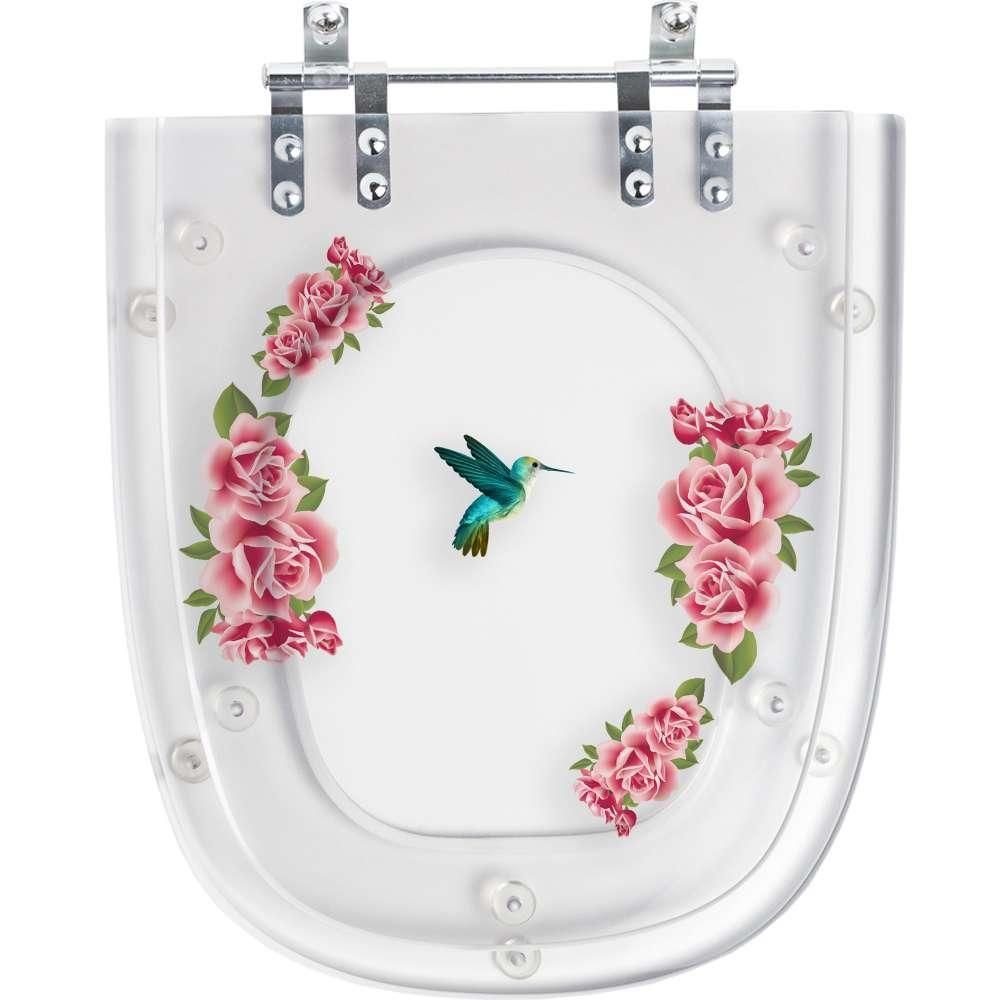 Assento Sanitário Stylus Alongado Poliéster Parafusado Convencional Decorado Beija Flor Transparente Pontto Lavabo 40CM