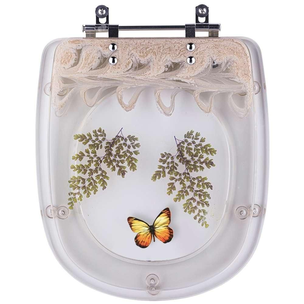 Assento Sanitário Vogue Plus Alongado Poliéster Fechamento Convencional Decorado Borboleta Bege Pontto Lavabo 40CM