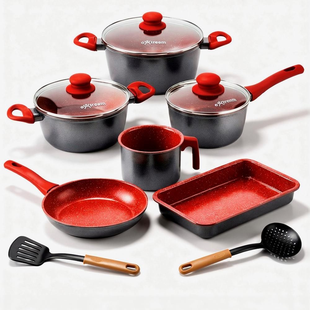 Jogo de Panelas Extream Atami Red Light 8 Peças Alumínio com Revestimento Cerâmico para Indução Red 51CM 22CM 14CM
