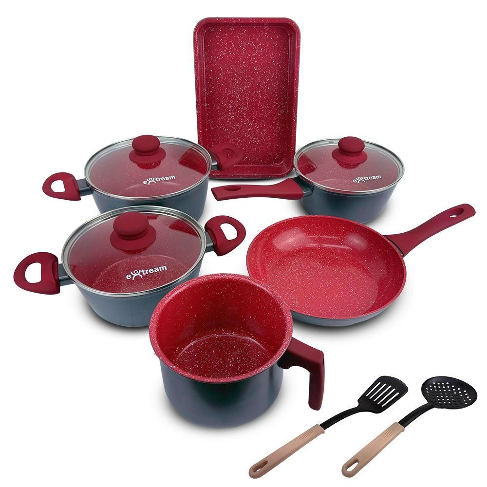 Jogo de Panelas Extream Atami Alumínio com Revestimento Cerâmico Indução 8 Peças Vermelho Red 29,5CM 8 Peças