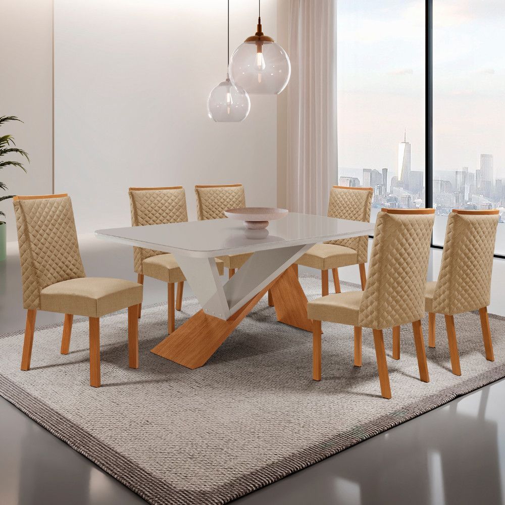 Mesa de Jantar Yasmin 6 Lugares Retangular MDF Vidro Copo Off White Moderna 180CM