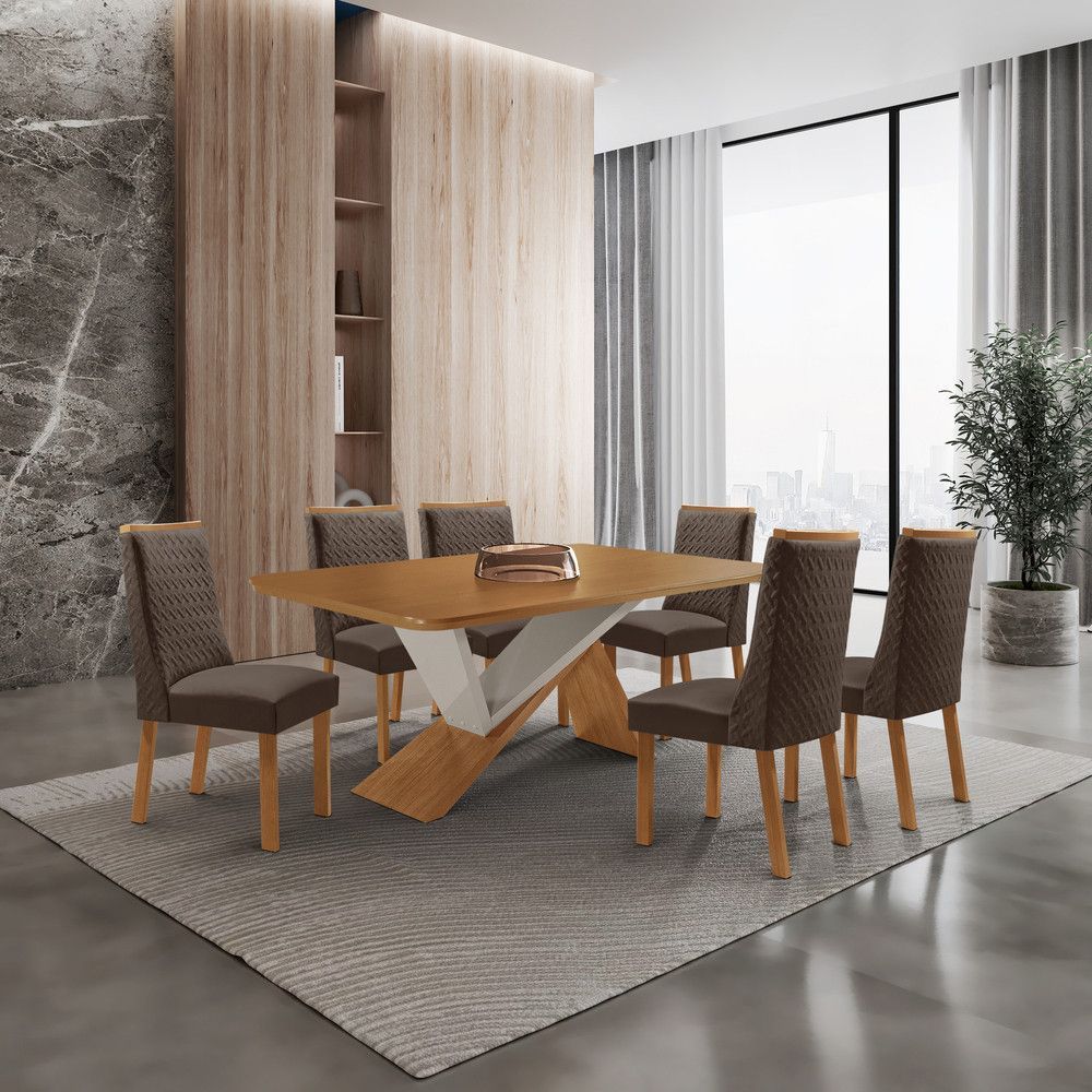 Mesa de Jantar Yasmin 6 Lugares Retangular MDF 180CM Marrom e Natural e Off-White Moderna