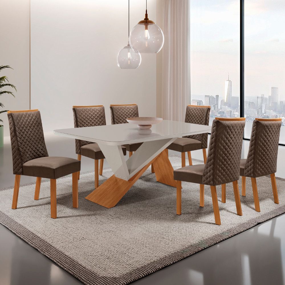Mesa de Jantar Yasmin 6 Lugares Retangular MDF com Vidro Serigrafado Marrom Moderna 180CM