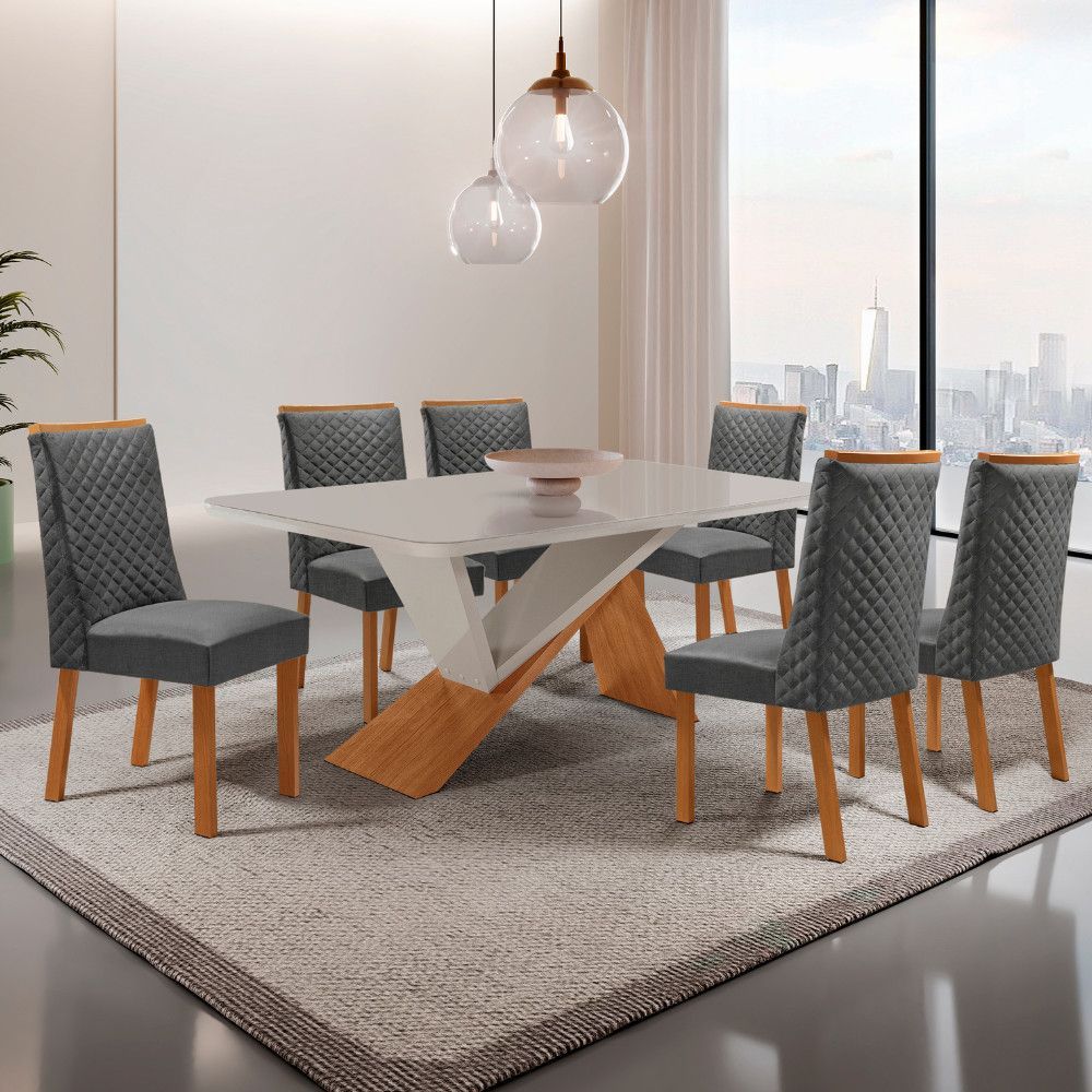 Mesa de Jantar Yasmin 6 Lugares Retangular MDF com Vidro Serigrafado 180CM Grafite Moderna