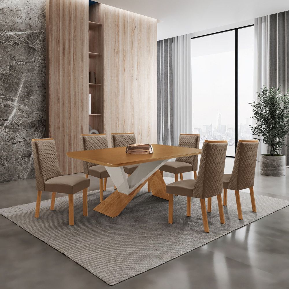 Mesa de Jantar Yasmin 6 Lugares Retangular MDF 180CM Off White com Cadeiras Carolina Veludo Capuccino Moderna