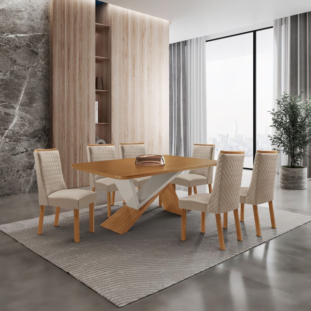 Mesa de Jantar Yasmin 6 Lugares Retangular MDF 180CM Off White Moderna 6 Cadeiras Carolina