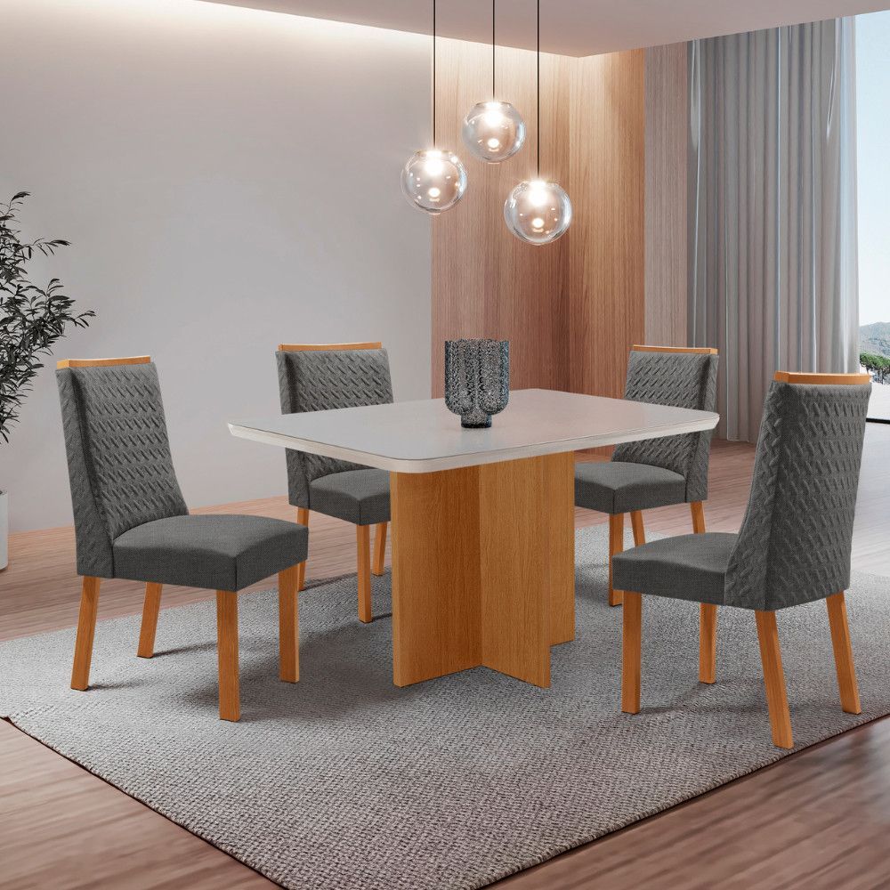 Mesa de Jantar Olimpia 4 Lugares Retangular MDF com Vidro Serigrafado e Cadeiras Carolina Grafite Moderna 120CM