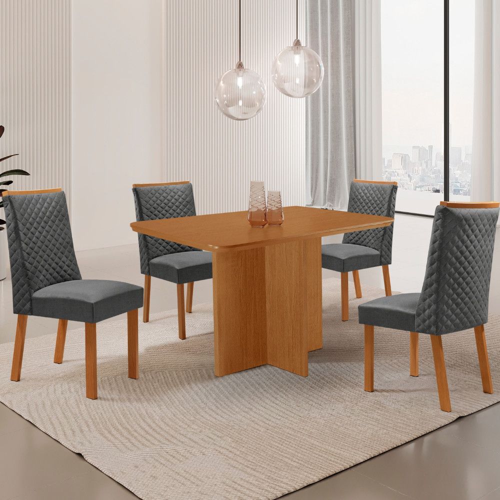 Mesa de Jantar Olimpia 4 Lugares Retangular MDF Laminado 120CM Grafite e Naturalle com Cadeiras Yasmin Moderna