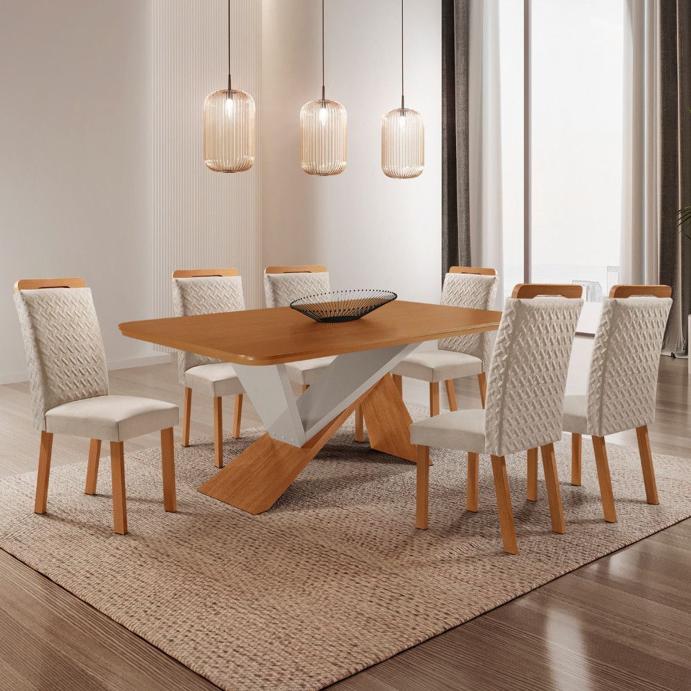 Mesa de Jantar Yasmin 6 Lugares Retangular MDF 180CM Off White e Creme Moderna